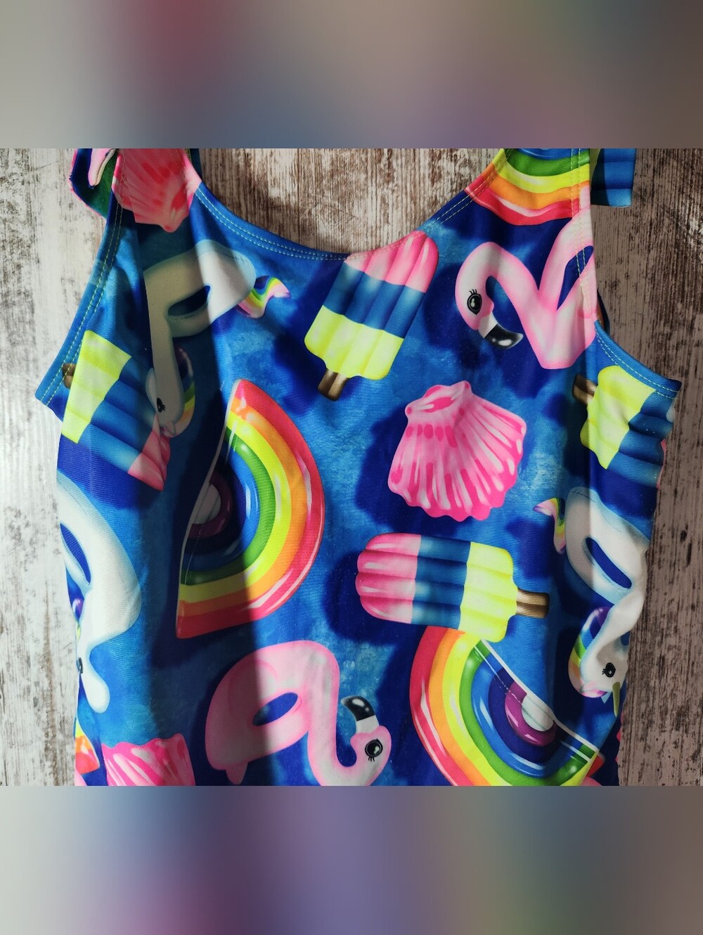 Justice Big Girl Blue Pool Floaty Rainbow Flamingo Popsicle One-Piece Swimsuit - Picture 2 of 8